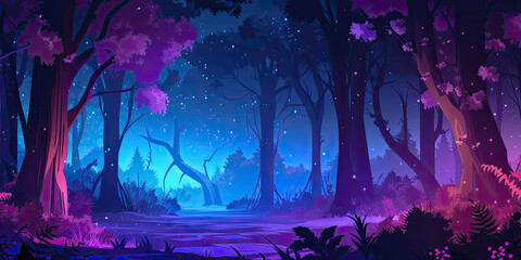 Anime cartoon video game style forest background backdrop, night time woods, trees, generated ai