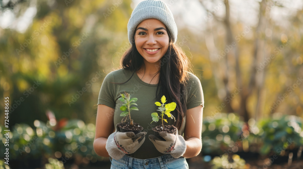 Poster young woman with a beanie, smiling and holding two small potted plants