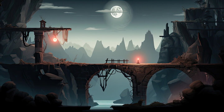 Vintage retro video game level design background, old school graphics, scrolling platform, generated ai