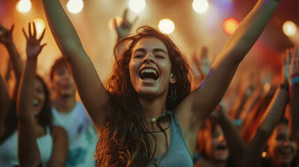 Obraz premium young woman in a party atmosphere, joyfully raising her arms and cheering among a crowd