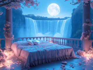 Romantic bedroom idea for a married couple with a waterfall view and interior decor for valentine's day