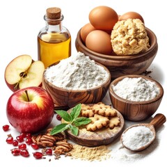 Fototapeta premium Ingredients Apple Pie Dough Flour Sugar On White Background, Illustrations Images