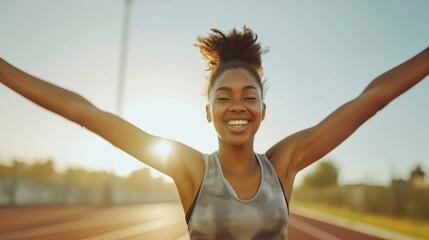 Fototapeta na wymiar joyous woman with her arms raised in victory is celebrating on a track field with a sunset in the background