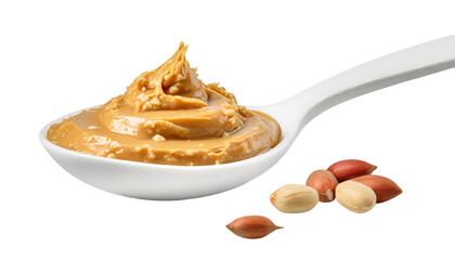Peanut butter in a spoon. Isolated on transparent background.