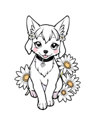 Sweet Girl dog and flowers coloring page for kids