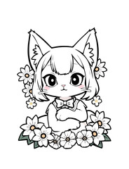 Cute cat and flowers coloring page