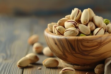 Crunchy Pleasures: Pistachios Nestled in a Wooden Bowl