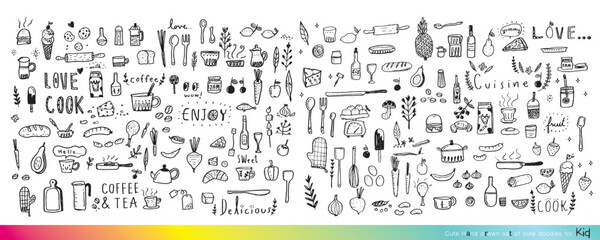 Food doodles,Foods doodles hand drawn sketchy vector symbols and objects - obrazy, fototapety, plakaty