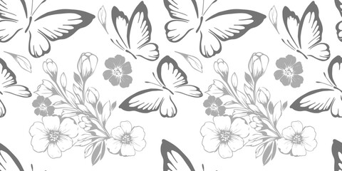 A seamless background with grey butterflies and flowers. hand drawing. Not AI, Vintage background. Vector illustration