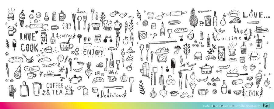 Naklejki Food doodles,Foods doodles hand drawn sketchy vector symbols and objects