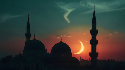 silhouette mosque at sunset with crescent over mosque dome - obrazy, fototapety, plakaty