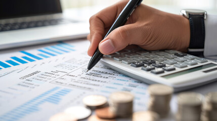 Hand holding a pen, pointing at a document with numerical data, with stacked coins and a calculator indicating financial planning or analysis.