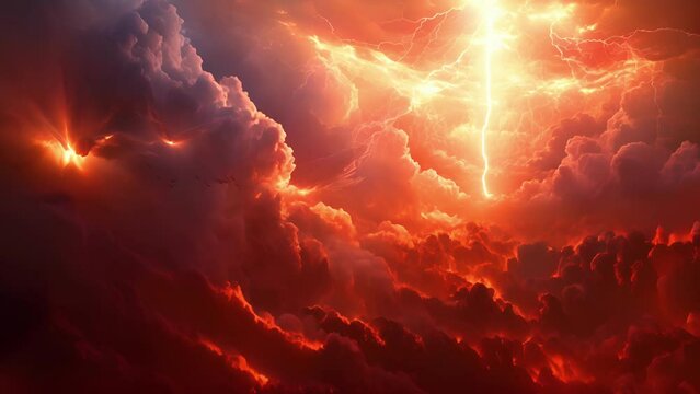 An epic battle between two opposing armies of angels and demons rages across a vast fiery landscape the skies illuminated by bolts of holy light and flashes of dark magic.