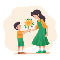 International Women's Day holiday March 8! Cute cards and stickers for spring holiday. Vector illustration on which a kind boy gives a yellow flower to a young girl congratulating her on Women's Day 