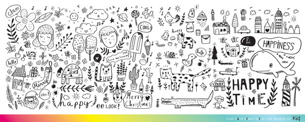 Vector illustration of Doodle cute for kid, Hand drawn set of cute doodles for decoration,Funny Doodle Hand Drawn, Summer, Doodle set of objects from a child's life,Cute animal