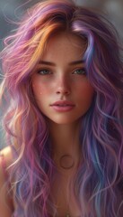Fototapeta premium Colorful Creativity: Dynamic Illustration of Character with Multicolored Hair