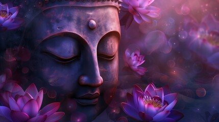 A serene Buddha statue illuminated in purple light surrounded by lotus flowers, symbolizing peace and enlightenment.