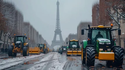 Foto auf Alu-Dibond many farm tractors driving along the road in the city, with the tower in the background, road strike © Dmitriy
