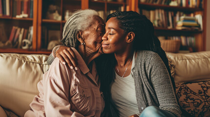 Young woman and an elderly woman are closely embracing