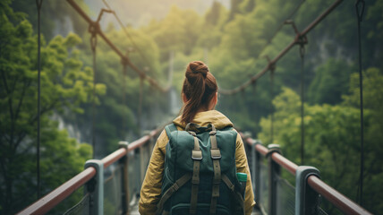 a woman travel walking across bridge - Powered by Adobe