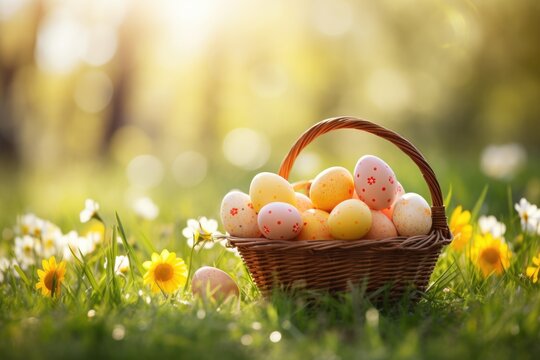 Basket of colorful eggs on green grass at sunny day. ai generated