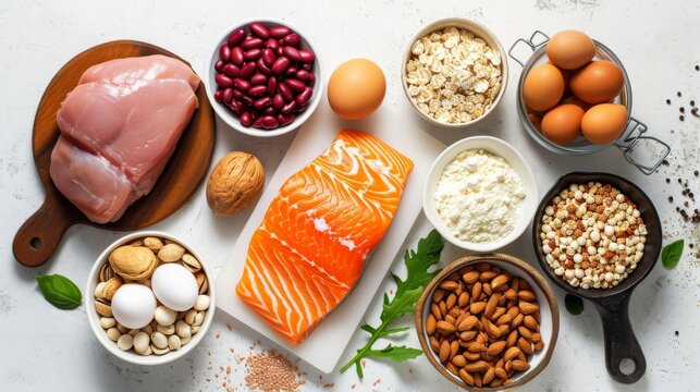 Selection of protein sources on white stone background