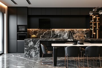 Contrasting Elegance: A Black Kitchen and White Marble Dining Table