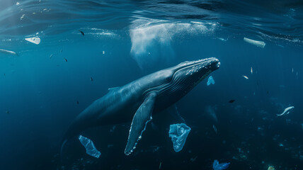a blue whale in a polluted sea - obrazy, fototapety, plakaty