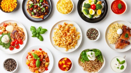 Various plates of food isolated on white background