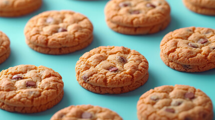 Fototapeta na wymiar Freshly Baked Chocolate Chip Cookies on Blue Background