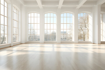 Heller, leerer Raum mit großen Fenstern, Interior-Design, erstellt mit generativer KI - 724493867