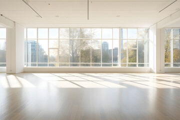 Heller, leerer Raum mit großen Fenstern, Interior-Design, erstellt mit generativer KI - 724493872