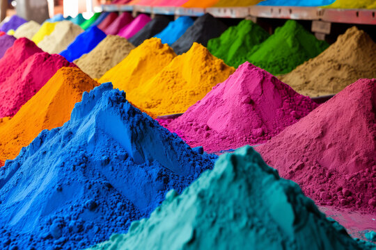 Piles of colorful powder paint ready for the indian Holi festival