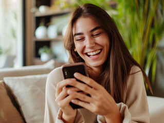 happy woman with smartphone