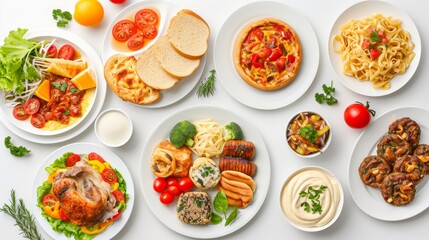 Various plates of food isolated on white background