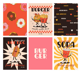 Set of fast food posters. Retro groovy cards with street food characters. Brochure with funky groovy burger, french fries, soda, ice cream, donut, pie, coffee to go, sandwich. Fast food delivery