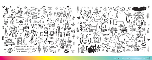 Vector illustration of Doodle cute for kid, Hand drawn set of cute doodles for decoration,Funny Doodle Hand Drawn, Summer, Doodle set of objects from a child's life,Cute animal
