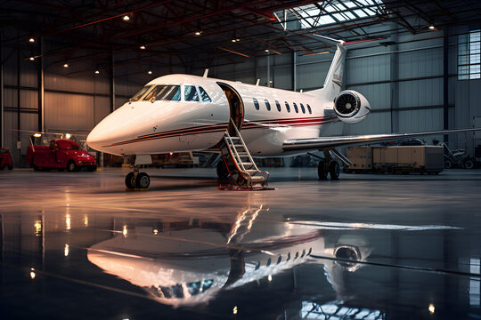 Wei&szlig;er Privatjet im Hangar, Businessflieger, erstellt mit generativer KI