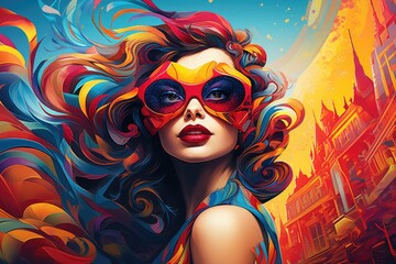 Fototapeta premium Vibrant Masquerade: Artistic Vision of Urban Carnival Beauty Generative AI