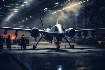 Militärische Drohne vom Typ Reaper im Hangar, erstellt mit generativer KI - obrazy, fototapety, plakaty