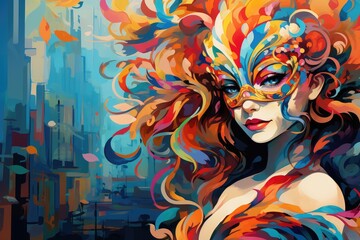 Vibrant Masquerade: Artistic Vision of Urban Carnival Beauty Generative AI