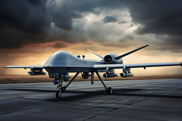 Militärische Drohne vom Typ Reaper auf dem Rollfeld, erstellt mit generativer KI - obrazy, fototapety, plakaty