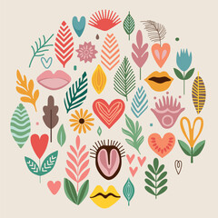 Floral abstract shapes collection. Color leaves, hearts, flowers, lips and branches set. Vector illustration.