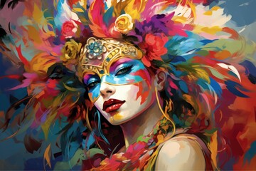 Vivid Elegance: Carnival Queen with Exotic Feathers and Mask Generative AI