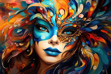 Mysterious Elegance: Woman in Ornate Carnival Mask and Colorful Feathers Generative AI
