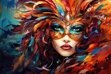 Obraz premium Mysterious Elegance: Woman in Ornate Carnival Mask and Colorful Feathers Generative AI