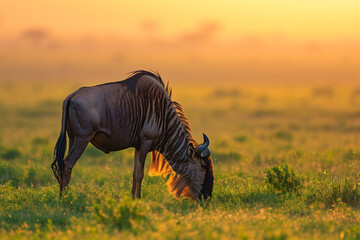 Solitary Wildebeest Grazes in African Plains