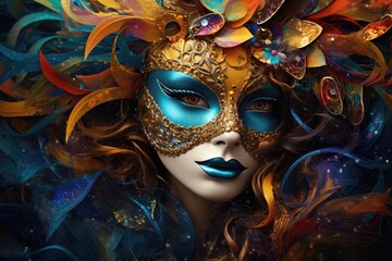 Obraz premium Mysterious Elegance: Woman in Ornate Carnival Mask and Colorful Feathers Generative AI