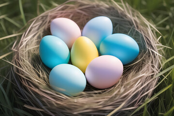 Fototapeta na wymiar Colorful Easter eggs in a nest on green grass.