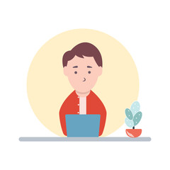 Man at desktop working with laptop Corporate worker Freelancer or office worker. Vector illustration in simple concept flat style